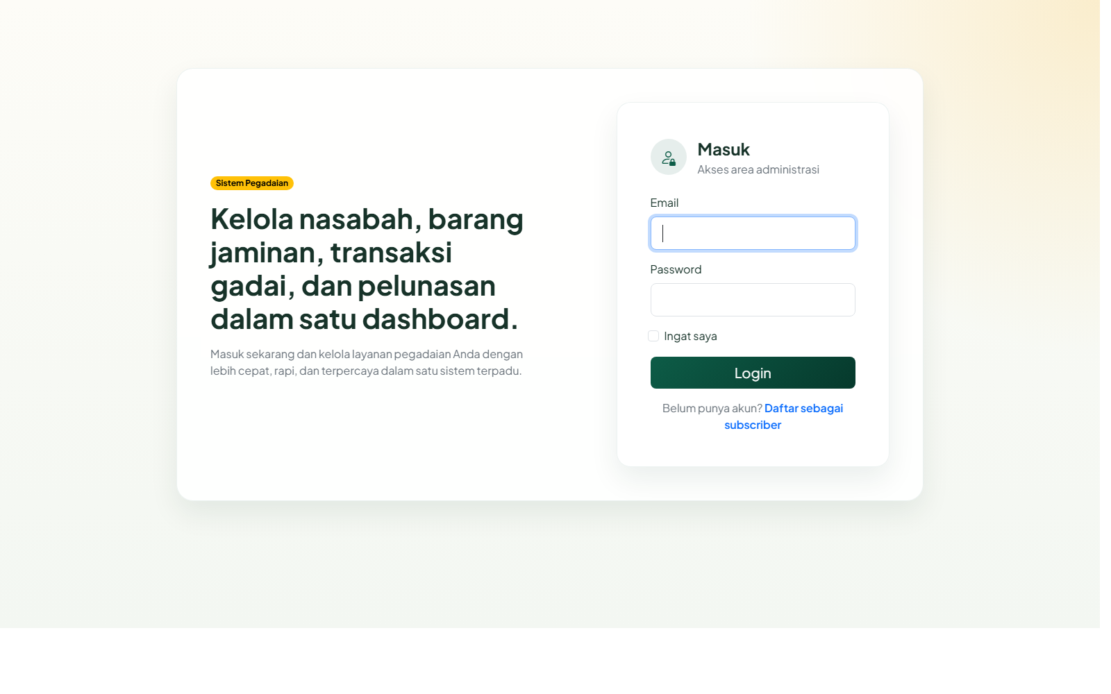 halaman login sistem pegadaian